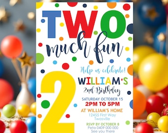 Two Much Fun 2nd Birthday Invitation: Editable Confetti Design (Digital Download)