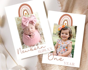 May include: Two cards with rainbow designs and photos of a baby and a toddler. The first card says "Newborn" and "11.09.XX". The second card says "One Year".