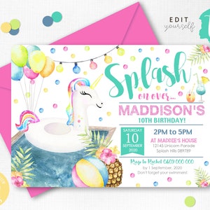 POOL PARTY INVITATION Girl Pool Party Invitation Unicorn Pool Birthday Invitation Download Splash Pool Party Invitation Unicorn Float Corjl