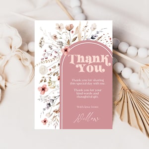WILDFLOWER GRAZIE Fiore di campo digitale Grazie Compleanno di fiori di campo modificabile Grazie Boho Arch Wildflower Baby Shower Biglietto di ringraziamento