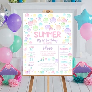 Affiche d'anniversaire BUBBLES Affiche d'anniversaire cupcake modifiable Affiche d'étape importante de bulles Impression d'étape importante de 1er anniversaire Impression de signe d'anniversaire de bulles