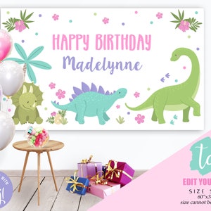 Dinosaur Birthday Banner Instant Download 60x36 Girl Dinosaur Birthday Welcome Sign Large Editable Gril Dinosaur Backdrop Printable Dinosaur