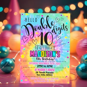 TIE DYE 10th Birthday Invitation Instant Download Tenth Girl Birthday Invitation Editable Double Digits Girl Party Invitation 10th Birthday
