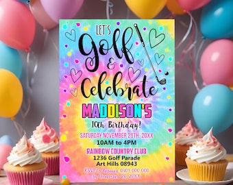 Könnte beinhalten: Eine bunte Tie-Dye-Einladung zu einer 10. Geburtstagsfeier mit dem Text "Let's Golf & Celebrate Madison's 10th Birthday!" Die Einladung enthält Datum, Uhrzeit und Ort der Feier, die im Rainbow Country Club stattfindet. RSVP-Informationen sind ebenfalls enthalten.
