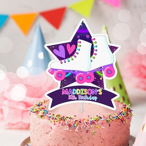 May include: A pink and purple cake topper with a white roller skate on a star with a galaxy background. The topper says "MADDISON'S 10th Birthday".