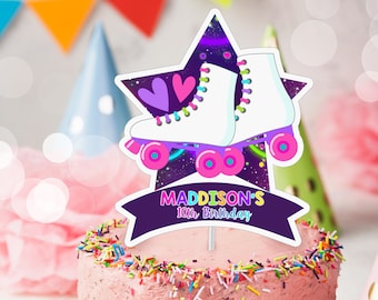 May include: A pink and purple cake topper with a white roller skate on a star with a galaxy background. The topper says "MADDISON'S 10th Birthday".