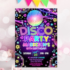 DISCO PARTY INVITATION Neon Disco Party Invitation Instant Download Neon Glow Disco Invitation Dance Party Invitation Disco Ball Invitation