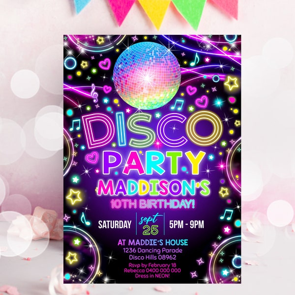 DISCO PARTY INVITATION Neon Disco Party Invitation Instant Download Neon Glow Disco Invitation Dance Party Invitation Disco Ball Invitation