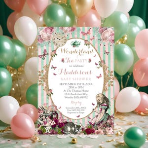 ALICE IN WONDERLAND Baby Shower Invitation Alice in Wonderland Invitation Alice in Wonderland Baby Shower Tea Party Invitations Corjl 0263