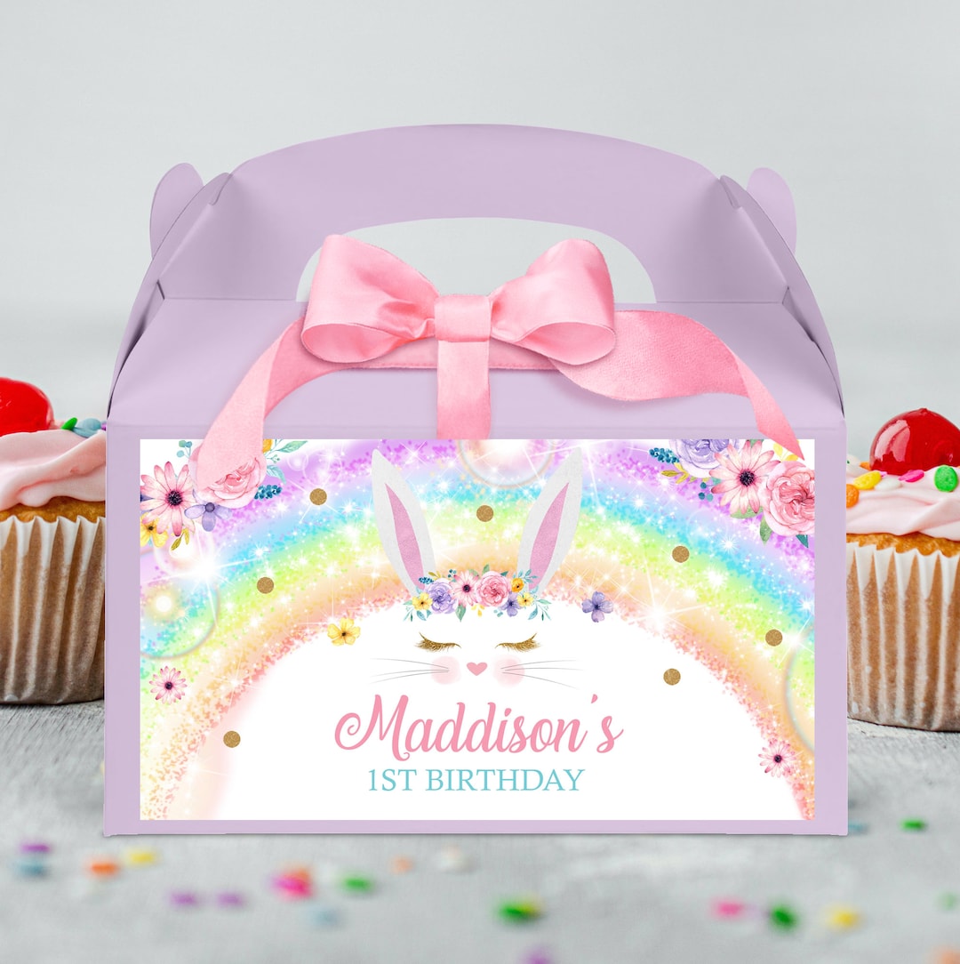 Editable Bunny Gable Box Favor Label Rainbow Bunny Label for Gift Box