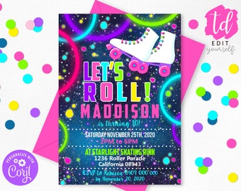 ROLLER SKATING BIRTHDAY Invitation Roller Skate Invitation Corjl Invitation Roller Skate Neon Invitation Corjl Skating Party Lets Roll