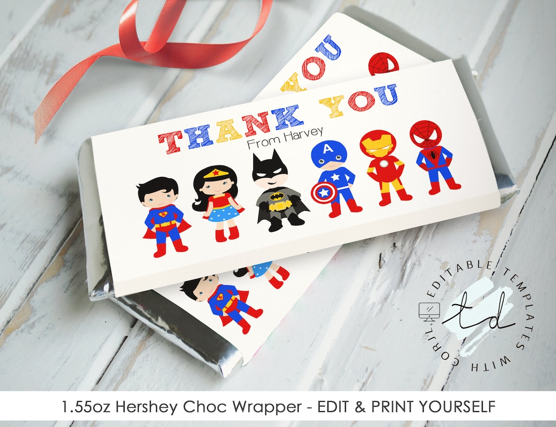SUPERHERO Candy Bar Wrappers Editable Superhero Favors Superhero Hershey Bar Wrapper Editable ...