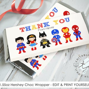 SUPERHERO Candy Bar Wrappers Editable Superhero Favors Superhero Hershey Bar Wrapper Editable Superhero Chocolate Wrapper Printable Candy