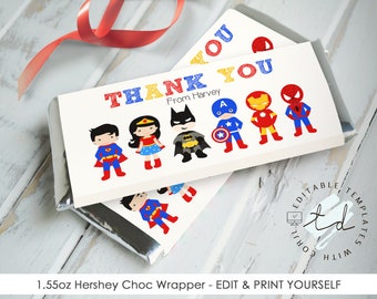 SUPERHERO Candy Bar Wrappers Editable Superhero Favors Superhero Hershey Bar Wrapper Editable Superhero Chocolate Wrapper Printable Candy
