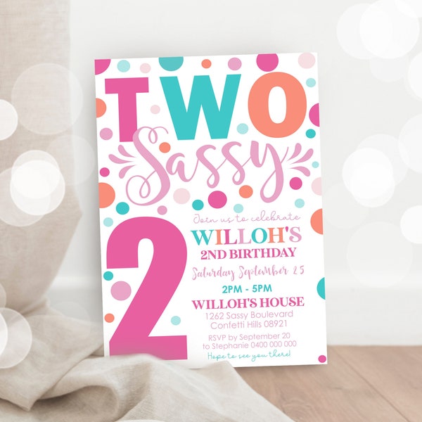 TWO SASSY BIRTHDAY Invitation Editable Confetti 2nd Birthday Invitation Instant Download Girl 2nd Birthday Invitation Two Sassy Invitation