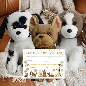 May include: A certificate of adoption for a new pet, with a black and white dog, a brown and white dog, and a brown and white French bulldog plush toy. The certificate has a colorful border with cartoon dogs and the text "CERTIFICATE OF ADOPTION".