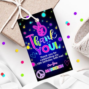 GLOW FAVOR TAG Editable Girl Glow Favors Corjl Favor Tag Roller Neon Party Favor Tag Glow Thank you Printable Glow Gift Tags Corjl template