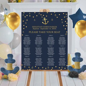 PLACA DE ASSENTOS Náutica DOWNLOAD instantâneo Placa de assentos 16 x 20 Placa de assentos de mesa de âncora Placa de assentos de batismo de menino Azul-marinho Dourado Tabela de assentos de batismo Corjl