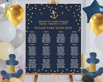 Nautical SEATING CHART Instant DOWNLOAD 16 x 20 Seating Sign Anchor Table Seating Sign Boy Baptism Navy Gold Baptism Seating Chart Corjl