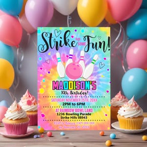 Tie Dye Bowling-Geburtstagseinladung: Bearbeitbar Schlagen Sie einige lustige Einladungen ein (Digital Download Vorlage)