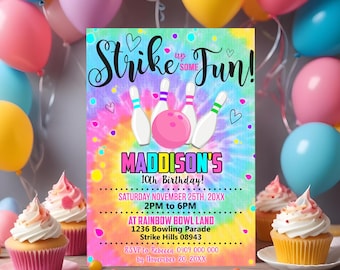 Tie Dye Bowling Birthday Invitation: Editable Strike up some Fun Invite (Digital Download Template)
