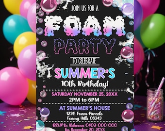 Pink Foam Party Invitation: Editable Girl Birthday, Bubble Theme (Digital Download 5x7" Template)