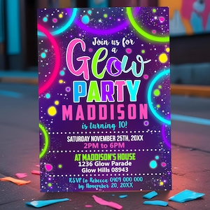 GLOW PARTY INVITATION Glow Invitation Neon Glow Party invitation Glow Birthday Invitation Editable Corjl Glow in the dark invite Neon Party