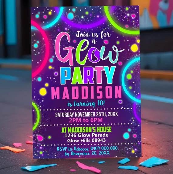 Neon Glow Party Invitation: Editable Birthday Invite (Corjl DIY Template)