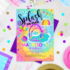 SPLASH PAD PARTY Invitation Editable Tie Dye Splash Invitation Girl Water Park Party Invitation Download Splash Party Invitation Waterpark image 1