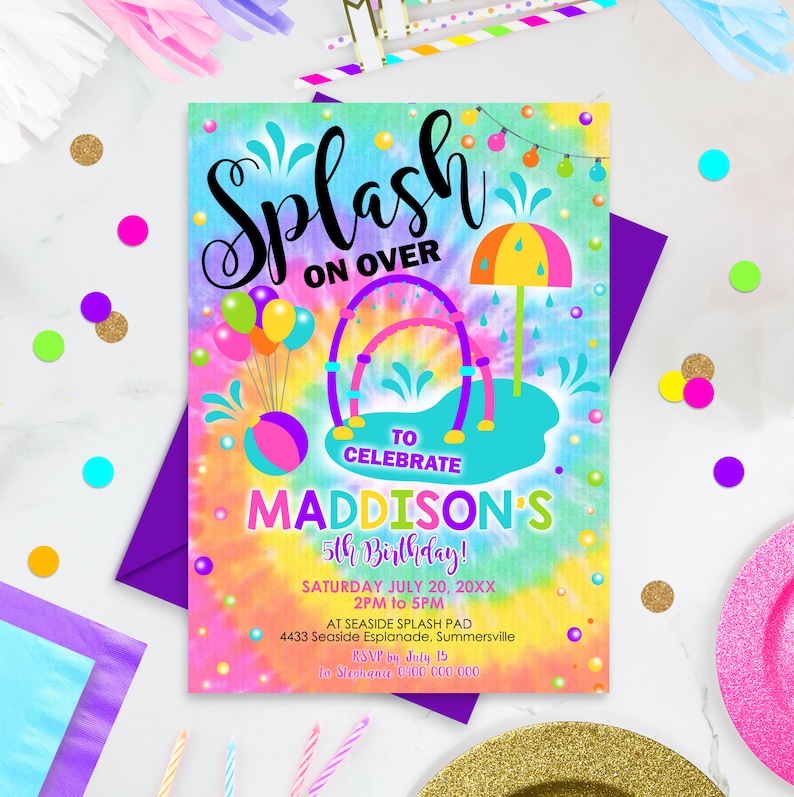 SPLASH PAD PARTY Invitation Editable Tie Dye Splash Invitation Girl Water Park Party Invitation Download Splash Party Invitation Waterpark image 1