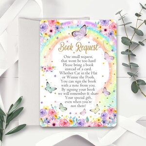Regenboogvlinder BOEKVERZOEKkaart Direct downloaden Vlinderbabyshower Afdrukbare Regenboogvlinderbabyshowerboekaanvraagkaart Lente