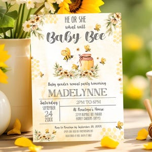 BEE BABY SHOWER What will baby bee gender reveal invitation Editable Bee Invitation Beehive honeycomb Bee Baby Shower Gender Reveal Party