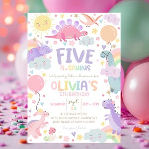 Girl Dinosaur 5th Birthday Invitation: Pastel Rainbow Five-asaurus Dino Evite (Digital Download)