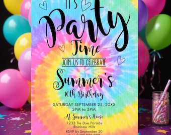 TIE DYE PARTY Invitation: Editable Rainbow Party Time Birthday Evite (Digital Download)
