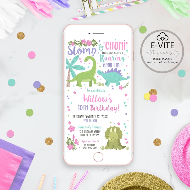 GIRL DINOSAUR Evite SMS Dinosaur Party Evite Pink Dinosaur Electronic invitation Editable Dinosaur Text Invitation Smart