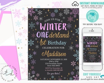 WINTER ONEderland INVITATION Instant Download Snowflake Invitations Winter First Birthday Girl Invitations Winter ONEderland Party Corjl