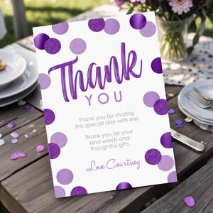 Note de remerciement numérique à pois violets pourpre, confettis modifiables, fête de naissance à pois violets, merci à pois, merci