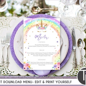 Regenbogen Einhorn MENÜ Sofort Download Baby Shower Menü Bearbeitbares Regenbogen Einhorn Party Regenbogen MENÜ Bearbeitbares Regenbogen Einhorn Menü Corjl 0210