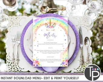 Rainbow Unicorn MENU, Instant Download, Baby Shower Menu, Rainbow Unicorn Party, Rainbow MENU, Editable Rainbow Unicorn Menu, 0210