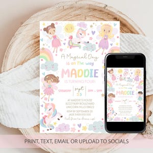 May include: A pink and white invitation for a girl's birthday party. The invitation features a unicorn, fairies, rainbows, and clouds. The text on the invitation reads "A Magical Day is on the way Maddie is turning four! Saturday Sept 25 2PM-5PM at Maddie's House 6222 Fairy Boulevard Unicorn Hills 08622 RSVP by September 20 Jade 0409 000 000 Feel free to dress up!"