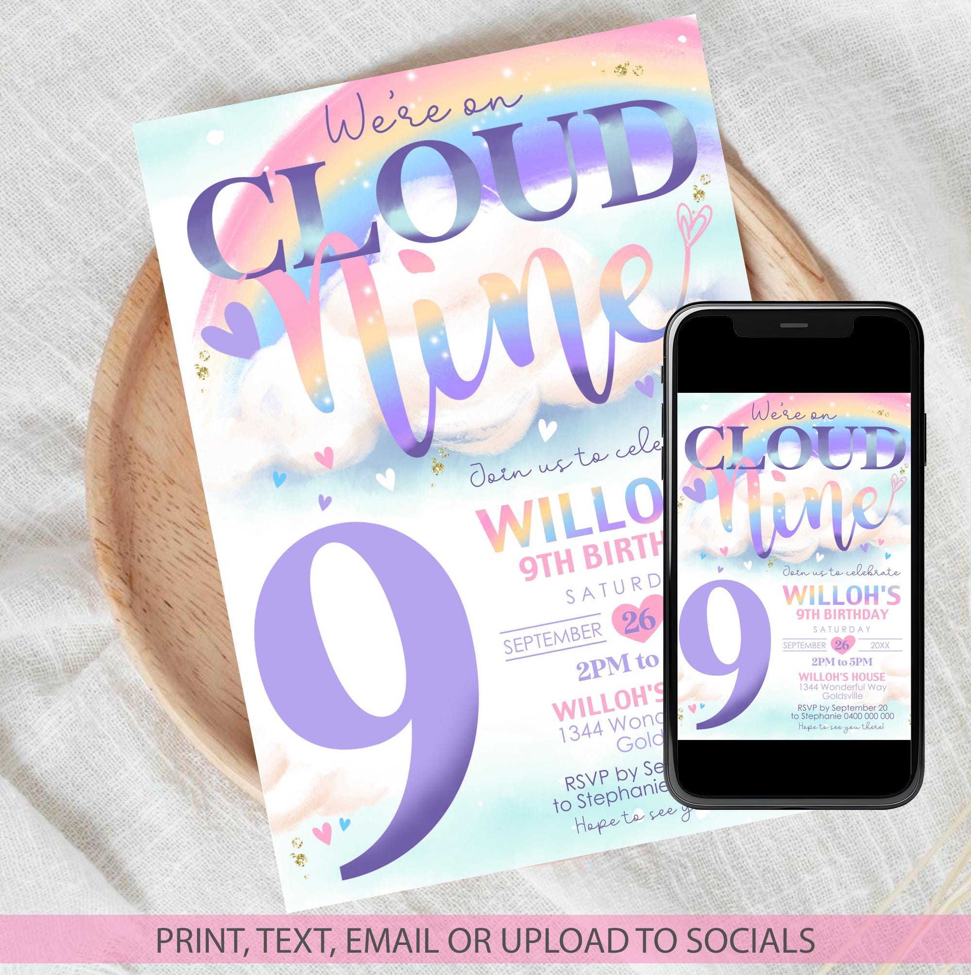 Cloud 9 Birthday Invitation: Editable Rainbow Watercolor (digital ...