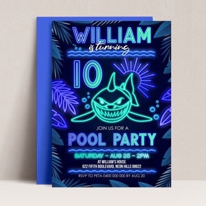 POOL PARTY INVITATION Boy Pool Party Invitation Editable Neon Pool Party Invitation Instant Download Glow Pool Shark Invitation Corjl