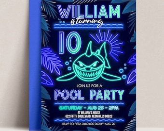 Neon Shark Pool Party Invitation: Editable Boy Birthday (Digital Download)