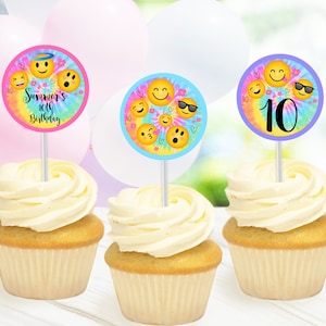 EMOJI CUPCAKE TOPPERS Instant download Edit Yourself Emoji Cupcake Toppers Emoji Party Printables Tie Dye Cupcake Toppers Emoji Party Decor