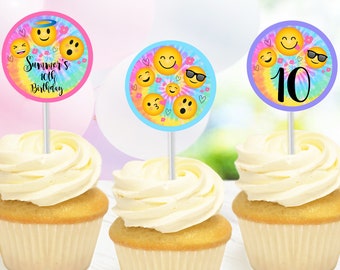 EMOJI CUPCAKE TOPPERS Instant download Edit Yourself Emoji Cupcake Toppers Emoji Party Printables Tie Dye Cupcake Toppers Emoji Party Decor