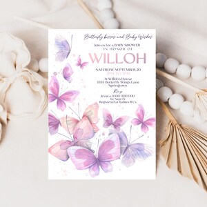 BUTTERFLY Baby Shower Invitation Editable Butterfly kisses Baby Shower Invitation Pink Butterfly Baby Shower Invitation Spring Baby Girl
