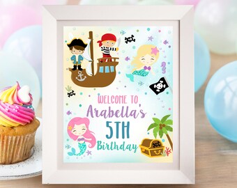 May include: A printable sign for a 5th birthday party with a mermaid and pirate theme. The sign features a mermaid, a pirate ship, and a pirate. The text on the sign reads "Welcome to Arabella's 5th Birthday".