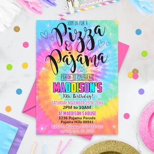 PAJAMA AND PIZZA Invitation Sleepover Invitation Sleep over Pizza Party Invitation Girl Pizza and Pajamas Birthday Party Slumber Party Corjl