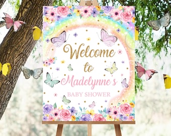 BUTTERFLY Welcome Sign Instant DOWNLOAD Rainbow Butterfly Baby Shower Welcome Sign Editable Butterfly Welcome Sign Butterfly Baby Shower