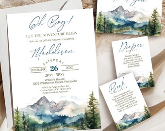 May include: Baby shower invitation set with a watercolor mountain and forest design. The invitation reads "Oh Boy!" and includes event details. Additional cards include "Thank you," "Diaper Raffle," and "Book Request."